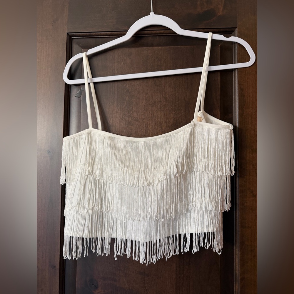 Altar'd State Ivory Sleeveless Blouse Women’s Western Fringe Festival Party Crop
